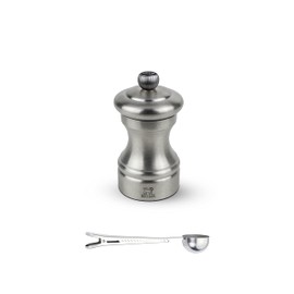 Peugeot Bistro Chef Manual Pepper Mill Gift Set Stainless Steel 10 cm - 4in - With Stainless Steel Spice Scoop/Bag Clip