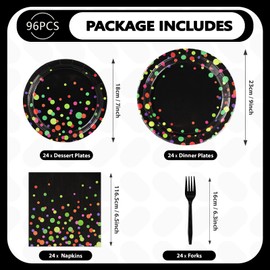 Grencian 96 Pcs Colorful Birthday Party Plates and Napkins Sets Black Colorful Polka Dots Party Supplies 350GSM Rainbow Dots Tableware for Birthday Baby Shower Rainbow Party Serves 24