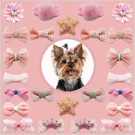 YCHZ 24pcs Pink Small Dog Hair Bows, Mix Flower Puff Ball Dog Bowknot Top Knot, Bulk Pet Puppy Dog Hair Grooming Accessories Bows, Yorkie Dog Small Size Bows with Rubber Bands for Small Medium Dogs