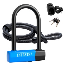 INTEKIN Key Lock Bike Lock, Blue, Portable, Heavy Duty, 16mm, 4ft/5ft Length Security Cable with Sturdy Mounting Bracket for Bicycles, Bikes and More