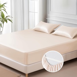 MR&HM Satin Fitted Sheet California King Size, Silky Bottom Sheet with Elastic Corner Straps, Deep Pocket up to 15 Inch, No More Slipping Off for Mattress - 1 Fitted Sheet Only (Beige)