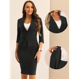Allegra K Business Skirt Suit Set for Women's 2 Piece Office Work Outfit Collarless Blazer Pencil Skirt Black S