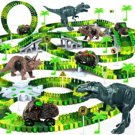 Dinosaur Toys, Create A Dinosaur World Road Race Tracks Glow in The Dark Flexible Train Track Playset, 2pcs Dinosaur Car for 3 4 5 6 Year Old Boys Girls Christmas Birthday Gift