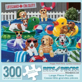 Bits and Pieces - 300 Piece Jigsaw Puzzle for Adults 18" x 24"  - Puppy Pool Party - 300 pc Summer Swimming Dog Jigsaw by Artist William Vanderdasson
