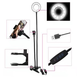 Coret Flashes Selfie LightsRing Light Mini Desk Fill Lights Clamp Stand Mount with Smartphone Holder for Living Show (Black)