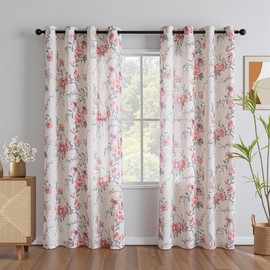 MEETSKY Floral Vintage Curtains 84 Inch Length Drapes with Grommet Top, Semi-Sheer Light Filtering Pink Rose Pattern Drapes for Bedroom Living Room, 2 Panels, Each 52 Inch Wide
