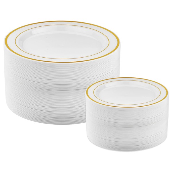 Prestee 50-pc Plastic Gold Plates - 25 Dinner Plates & 25 Salad Plates, White + Gold-Rimmed Plastic Plates for Parties, Plastic Disposable Plates for Dessert Appetizer Plates, Holiday Wedding Plates