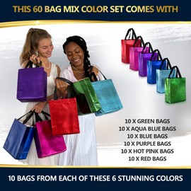 Nush Nush Mix Color Gift Bags Medium Size – Set of 60 Reusable Gift Bags From Six Vibrant Colors With a Glossy Finish - Perfect As Goodie Bags, Birthday Bags, Party Favor Bags – 8x4x10 Size