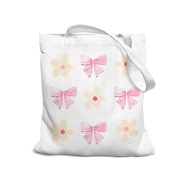SZERE Coquette Pink Bow Flower Canvas Tote Bags for Women, Pink Bow Tote Bag for Bow Lovers, Bow Tote Bag, Girls Tote Bag, Trendy Coquette Gifts for Women Teens Teen Girls