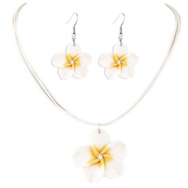 Dreuyet Colorful Plumeria Rubra Necklace Earrings Set for Women Elegant Hawaiian Style Flower Necklaces Bohemia Tropical Flower Dangle Earrings Luau Beach Party Accessories (white)