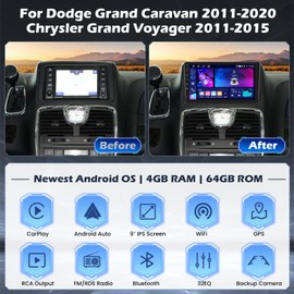 4+64G Hikity Android 15 Car Stereo for Dodge Grand Caravan 2011-2020/Chrysler Grand Voyager 2011-2015 Wireless Carplay Android Auto, 9'' Touchscreen Radio Bluetooth GPS WiFi SWC DSP/FM/RDS Backup Cam