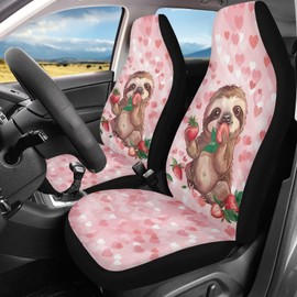 ZIATUBLES Sloth Heart Strawberry Print Car Front Seat Cover Vehicle Seat Protector 2 Pack Breathable Bucket Seat Covers Auto Interior Decoration Fit Most Car Van SUVs Truck