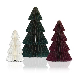 3 piezas de papel para decoración de árbol de Navidad 3D con borde de purpurina para mesa de árboles de panal para decoración moderna de mantel de Navidad, decoración de fiesta, verde, borgoña, blanco