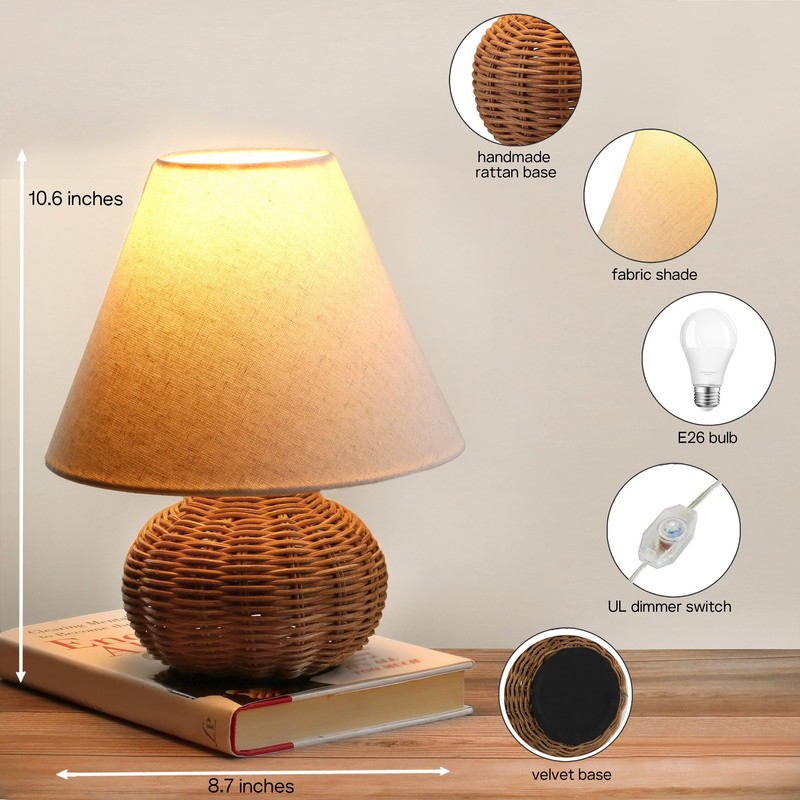 11" Small Wicker Table Lamp, Dimmable Rattan Bamboo Lamp with