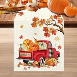 Bonsai Tree Fall Runner for Table, Table Runner Fall 13 x 84 Inch, Autumn Pumpkin Red Truck Runners for Home Kitchen Dining Decoration