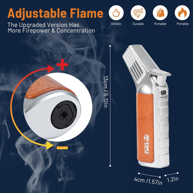 Butane Torch Lighter， Refillable Butane Torch with Safety Lock， Adjustable