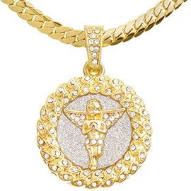 metaltree98 Men's 14K Gold Plated CZ Angel Medallion Pendant 20" / 24" Miami Cuban Chain Necklace MCP 121 G (20" Miami Cuban Chain)