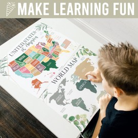 4 Greenery Pre K Learning Posters For Toddlers 1-3 - ABC Poster For Toddlers Wall, Solar System Poster For Kids Maps, Preschool Classroom Map Of The World Poster, Kindergarten Homeschool Supplies