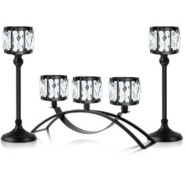 3 Arms Crystal Bowl Tealight Candelabra Votive Candle Stand, Wedding centerpieces for Tables Crystal Candlestick，Centerpiece Table Decorations (Set of Black)