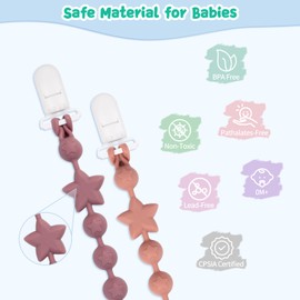 Babygoal Silicone Pacifier Clips 4 Pack,2pcs Pacifier Holder Clip with 2pcs Toy Strap Chain for Baby Boy Girl Fits All Pacifier,Binky,Teething Toys,Highchairs,Car Seat,Strollers-Neutral Color