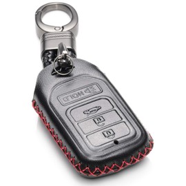 Vitodeco Genuine Leather Smart Key Keyless Remote Entry Fob Case Cover Compatible for Honda Civic, Fit, Accord, Pilot, CR-V, HR-V (4 Buttons, Black/Red)
