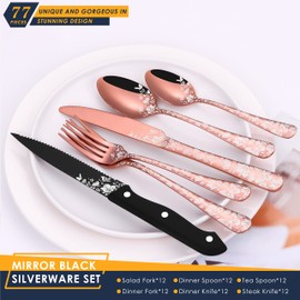 Stapava 77-Piece Copper Silverware Set for 12, Plus Steak Knife & Serving Set, Stainless Steel Flatware Cutlery Set, Mirror Eating Utensils Tableware with Butterfly Flower Laser, Dishwasher Safe