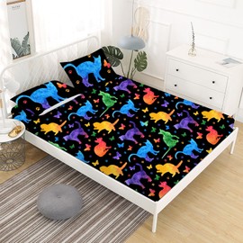 Gusuhome Cats and Butterflies Sheet Set Queen Size for Boys Girls Colorful Watercolor Bedding Set Cute Cartoon Pet Cat Bed Set for Kids Teens (1 Fitted Sheet + 2 Pillow Cases)