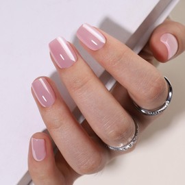 Jemattely Pink Gel Press on Nails Short Square Gel Fake Nail Pink Chrome Nail Tips Glue on Nails with Nail Glue,Reusable Gel Stick on Nails in 16 Sizes-32 Soft Gel Nails Kit,Lotus Glazed