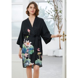 Ledamon Women's Kimono Short Robe - Classic Floral Bathrobe Nightdress, Black (black-a)