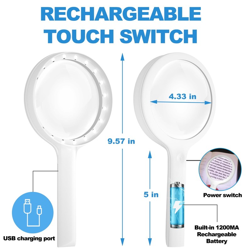 30X Charge Magnifying Glass with Light, NUEYiO 4.33Inch Large Handheld