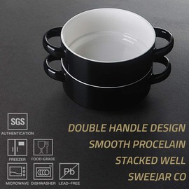 SWEEJAR Ceramic Soup Bowls with Double Handles, 20 Oz Stacked Bowls for French Onion Soup, Cereal, Pot Pies, Stew, Chill, Pasta, Set of 4 (Black)