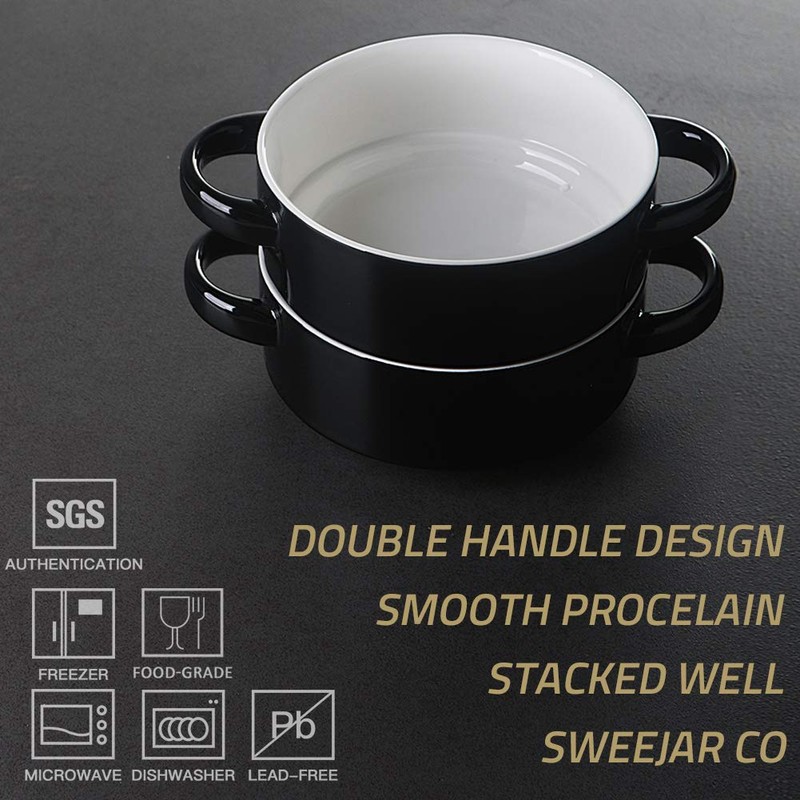 SWEEJAR Ceramic Soup Bowls with Double Handles, 20 Oz Stacked