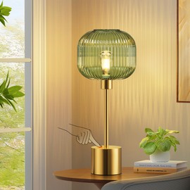 QiMH Glass Table Lamp for Living Room, Modern Bedside Lamp with Green Ribbed Glass Shade, 3-Way Dimmable Touch Control Nightstand Lamp for Bedroom, Brushed Gold (2700K LED Bulb Included)