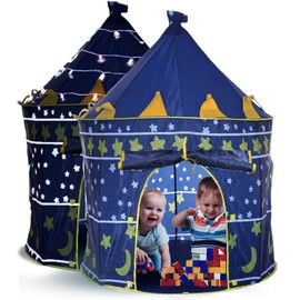 LimitlessFunN Stars & Moon Pop Up Kids Play Tent | Includes Star Lights & Carrying Case |, Children Indoor Castle Playhouse for Boys, Toddlers, 41" D x 41" W x 53" H