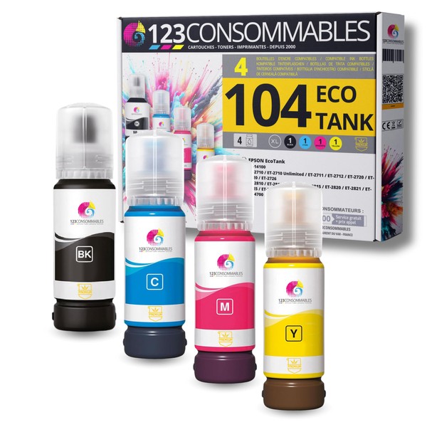 123CONSOMMABLES - Compatible with Epson 104 Ecotank, 4 ink bottles
