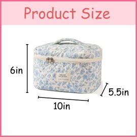 uekeboag uekeboag Large Travel Quilted Makeup Bag for Women, Floral Cotton Cosmetic Bag, Coquette Aesthetic Floral Toiletry Organizer Bag (01Lithtblue-flower)
