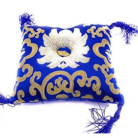 Square Brocade Silk Handmade Singing Bowl Cushion with Tassels (6 Inches, Blue)