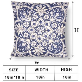 ChezMax Chinoiserie Throw Pillow Covers Set of 2, Blue and White Decorative Floral Cushion Cases, Square Linen Cotton Flowers Pillowcase for Sofa Couch Chair Bed Living Room Home Decor, 18x18 in