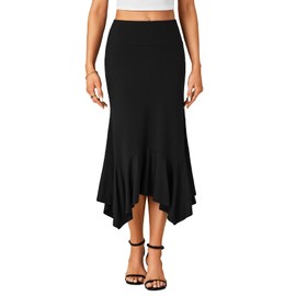 OPOIPIN Women's Stretchy High Waist Ruffle Asymmetrical Hem Flowy Midi Skirt Medium Black Medium