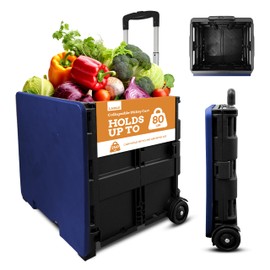 Inspired Living Collapsible Ultra-Slim Pack-N-Roll,2 Wheel Utility Cart w/Lid Used as Seat up to 250 Lbs, Telescopic Handle - Super Strong, for Home, Garden, Shopping, Office, School use, Large, Blue