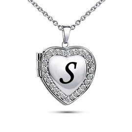 KunBead Jewelry Name Letter S Alphabet Kids Initial Necklace Love Engraved Heart Crystal Photo Locket Necklace for Pictures