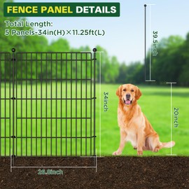 5 Panels No Dig Garden Fence Animal Barrier, 34in(H) × 11.25ft(L) Decorative Metal Outdoor Dog Fence, Rustproof Pet Fencing for Yard, Patio, Flower Bed -Temporary Fencing| Easy to Install