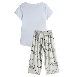 YIJIU Women's Pajama Set V Neck Short Sleeves Top with Capri Pants Sleepwear 2 Piece Lounge Set,White,Large