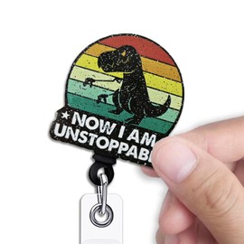 KANGYUSO Funny T-Rex Retractable Badge Reel, Now I am Unstoppable Black Glitter Badge Reel with Alligator Clip, Dinosaur Lovers Gifts, Funny ID Card Holder Gifts for Nurse Doctor Teacher Office Work