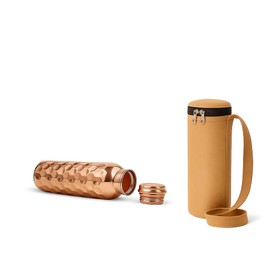 Pure Copper Ayurvedic Drinking Sports Water Bottle with carrying bag, 900 ml, Leak Proof, Joint Free, Diamond cut design