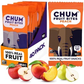 Chum Fruit Bites 100% Real Fruit Snacks | Peach, 40 Pack | Non-GMO, No Added Sugar or Preservatives | Top 12 Allergen and School Friendly, Nut-Free, Gluten-Free, Vegan, Kosher, Paleo