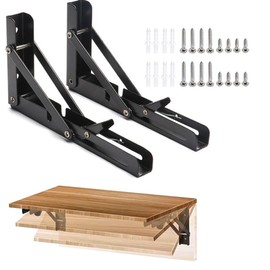 2 Pcs Folding Shelf Brackets, Matte Black Collapsible Stainless Steel Heavy Duty Brackets for Table Bench, Space Saving DIY Bracket with Screws, Max Load 330 lb (Black, 12 in)