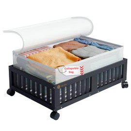 Vogueraa Bamboo (Wooden-Style) Under Bed Storage with Wheels and Lid - Decorative Wooden Rolling Storage Bin - Underbed Organizer - Black Color, 16 x 12 x 7,5 in (1 Pack)