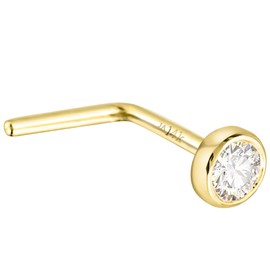 14K Yellow Gold Bezel Set 2.5mm-0.08 ct Diamond L-Shape Nose Stud 22G L-Bend Nose Ring - LSBZRD-YG25WD