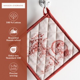 Maison d' Hermine Potholders 100% Cotton 8"x8" Hotpads Heat Resistant with Loop Pot Holder, Baking, Grilling, Home, Handling Hot Pans, Holy Jouy - Brown - Thanksgiving/Christmas